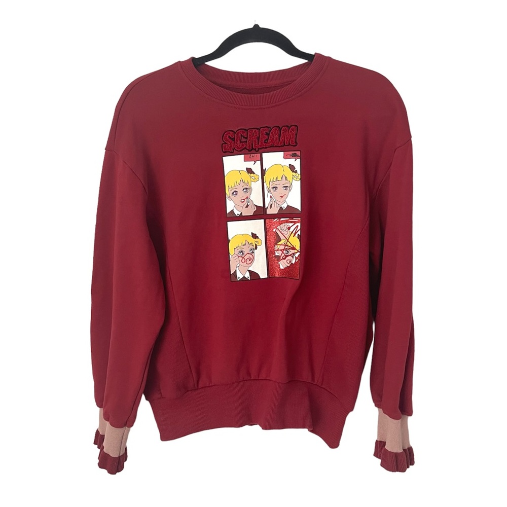 LEDIN Scream Printed Girl Red Crewneck sweatshirt Ruffle Cuff